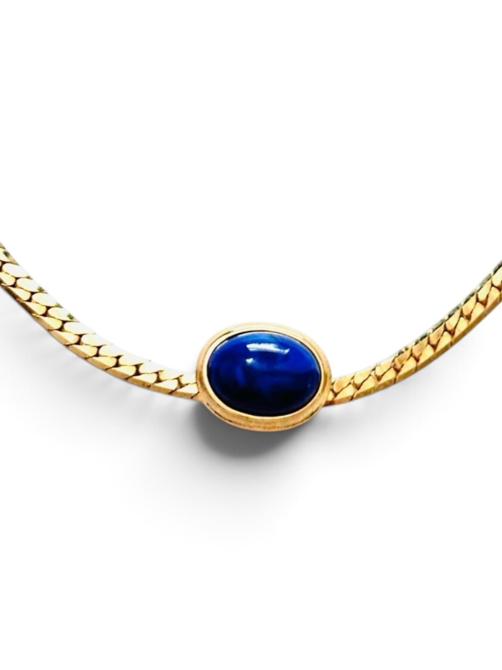 Avon Vintage 1980s Blue Cabochon Gold Tone Herringbone Collar Necklace